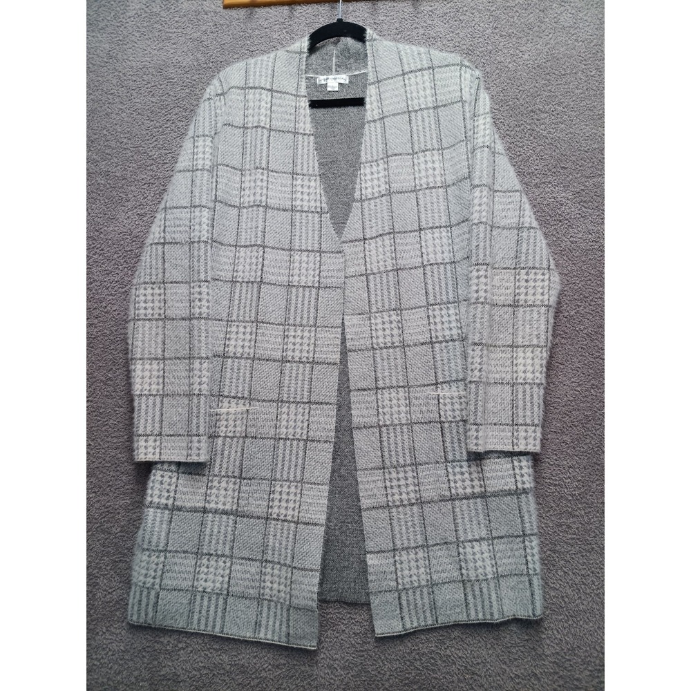 Passports Women's Open Front Longline Cardigan Gray‎ Plaid L